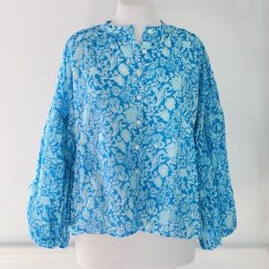 Olivia James The Label Emory Puff Sleeve Blouse Button Down Blue Floral Size XS